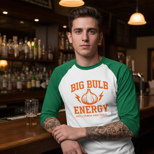 Big Bulb Energy Raglan Shirt â Funny Garlic Graphic Baseball Tee - Dick's Stinkin' Good Garlic