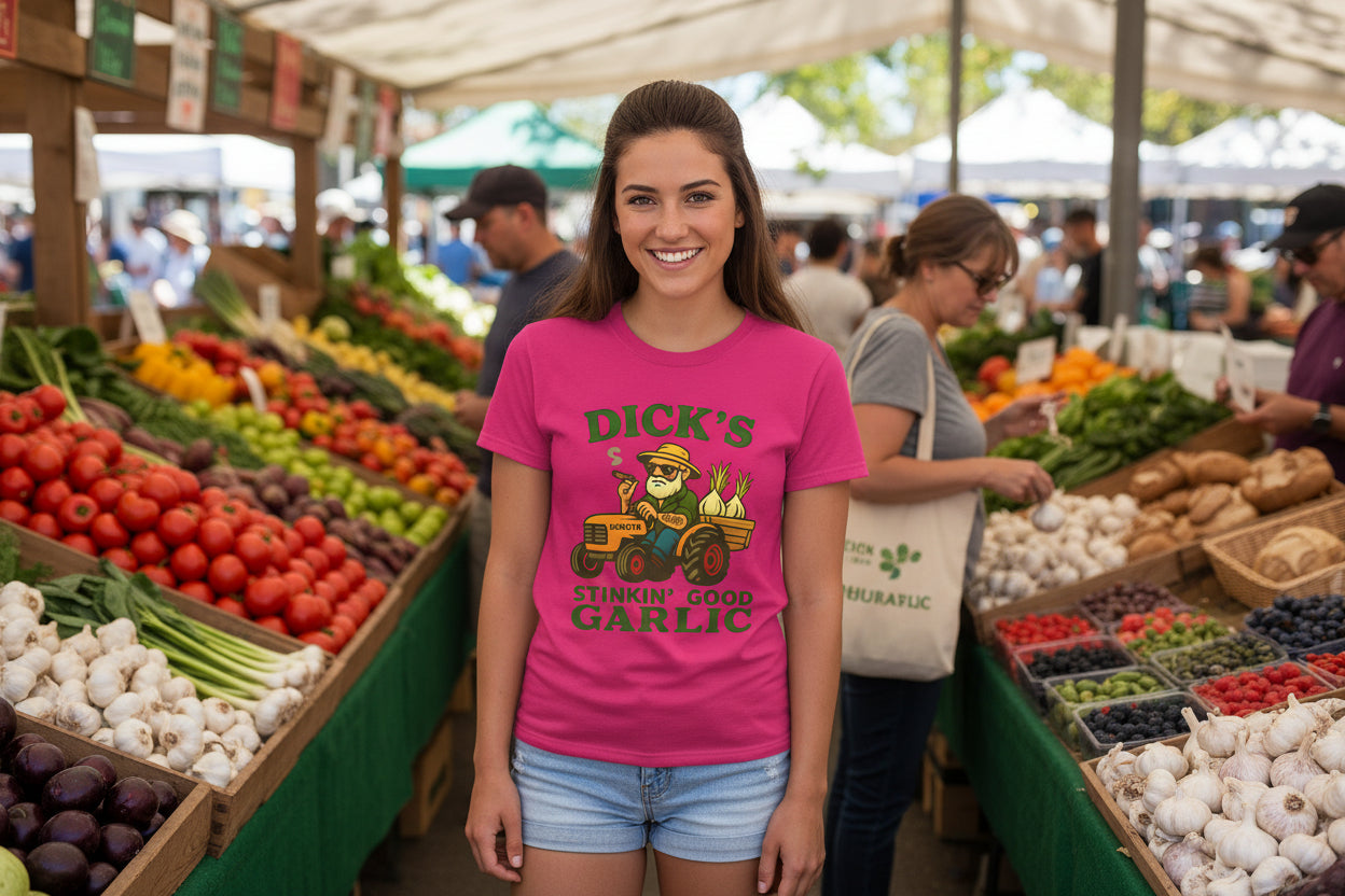 Garlic Farm Tee — "Dick's Stinkin' Good Garlic" Women's Graphic Shirt - Dick's Stinkin' Good Garlic