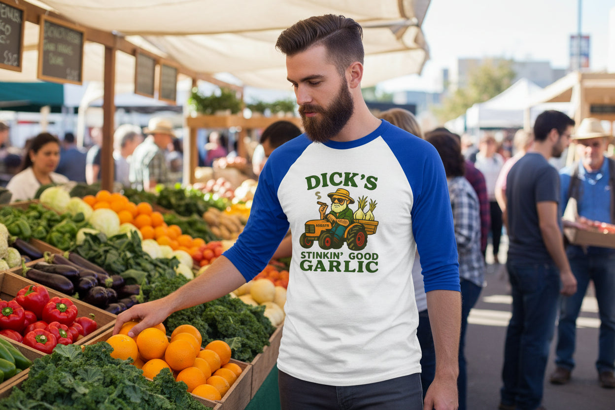 Garlic Farmer Raglan Shirt — "Dick's Stinkin' Good Garlic" Graphic - Dick's Stinkin' Good Garlic