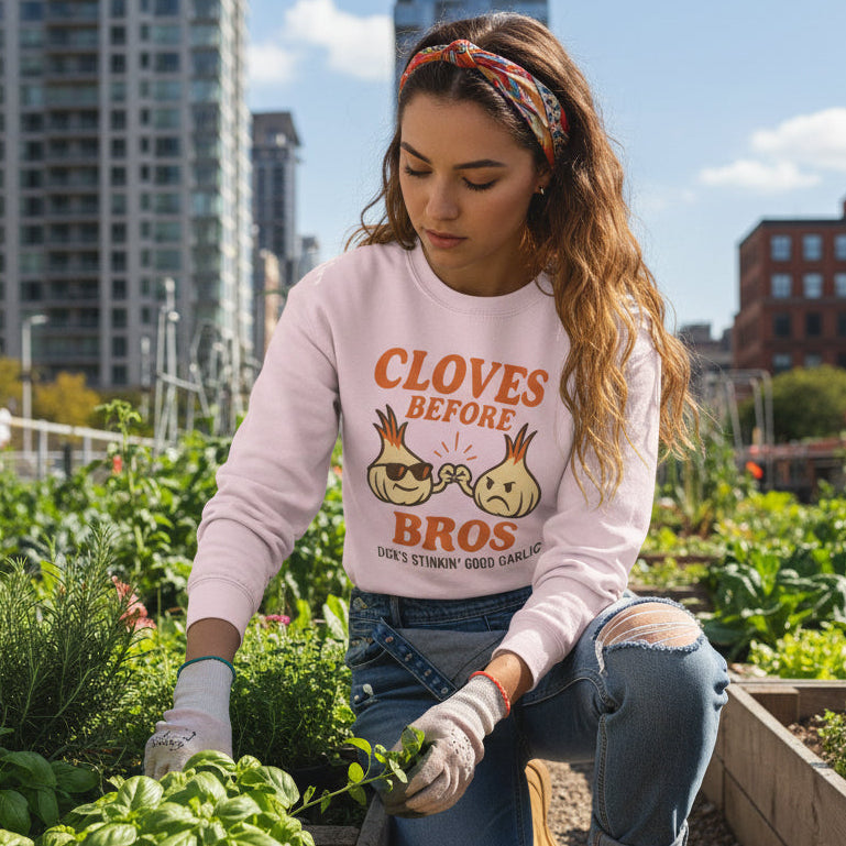Cloves Before Bros Sweatshirt — Funny Garlic Pun Crewneck - Dick's Stinkin' Good Garlic