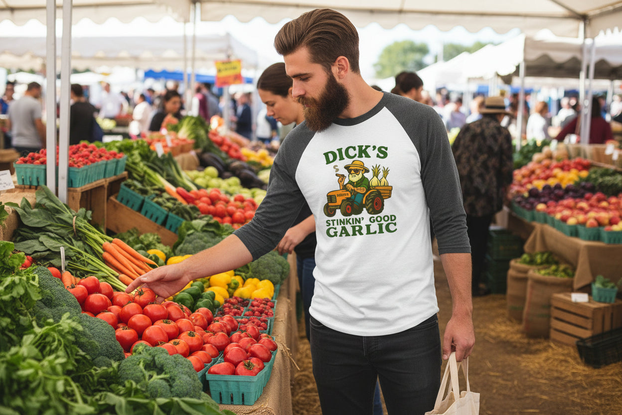 Garlic Farmer Raglan Shirt — "Dick's Stinkin' Good Garlic" Graphic - Dick's Stinkin' Good Garlic