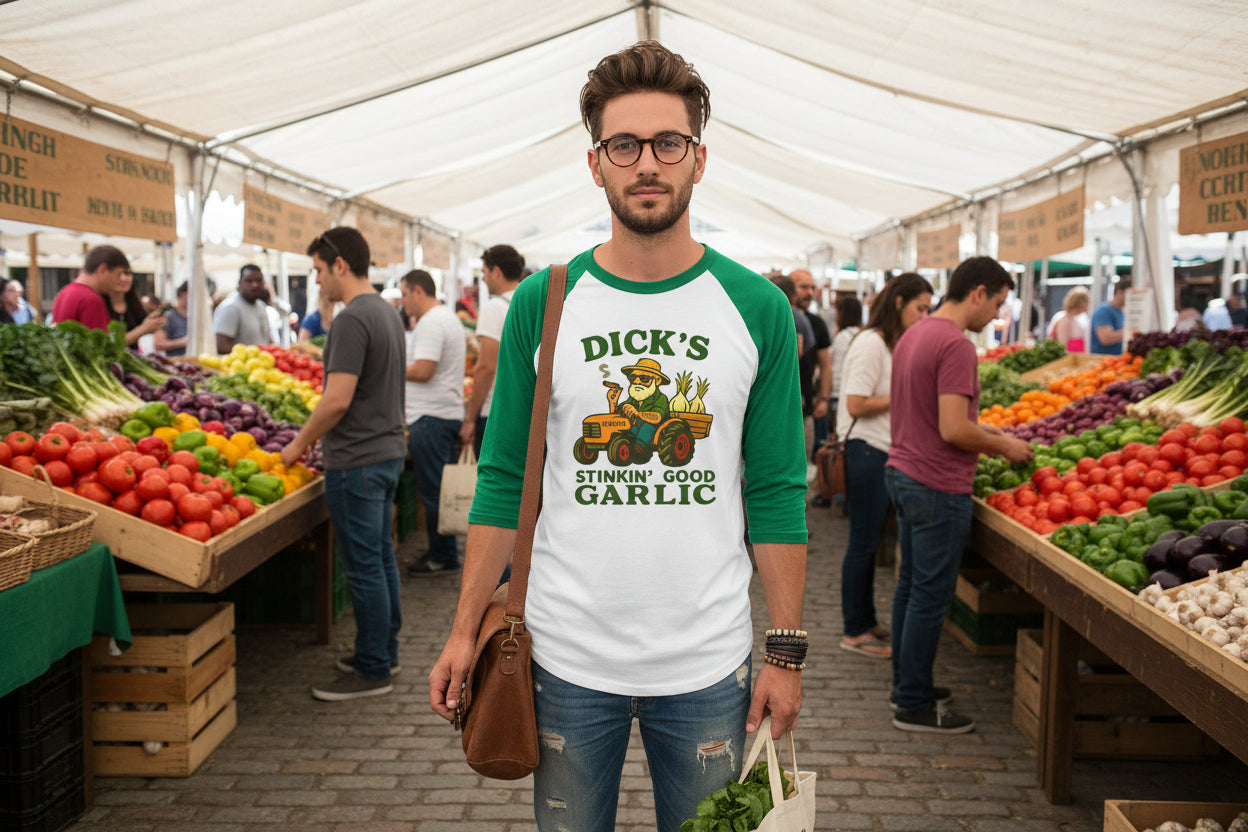 Garlic Farmer Raglan Shirt — "Dick's Stinkin' Good Garlic" Graphic - Dick's Stinkin' Good Garlic