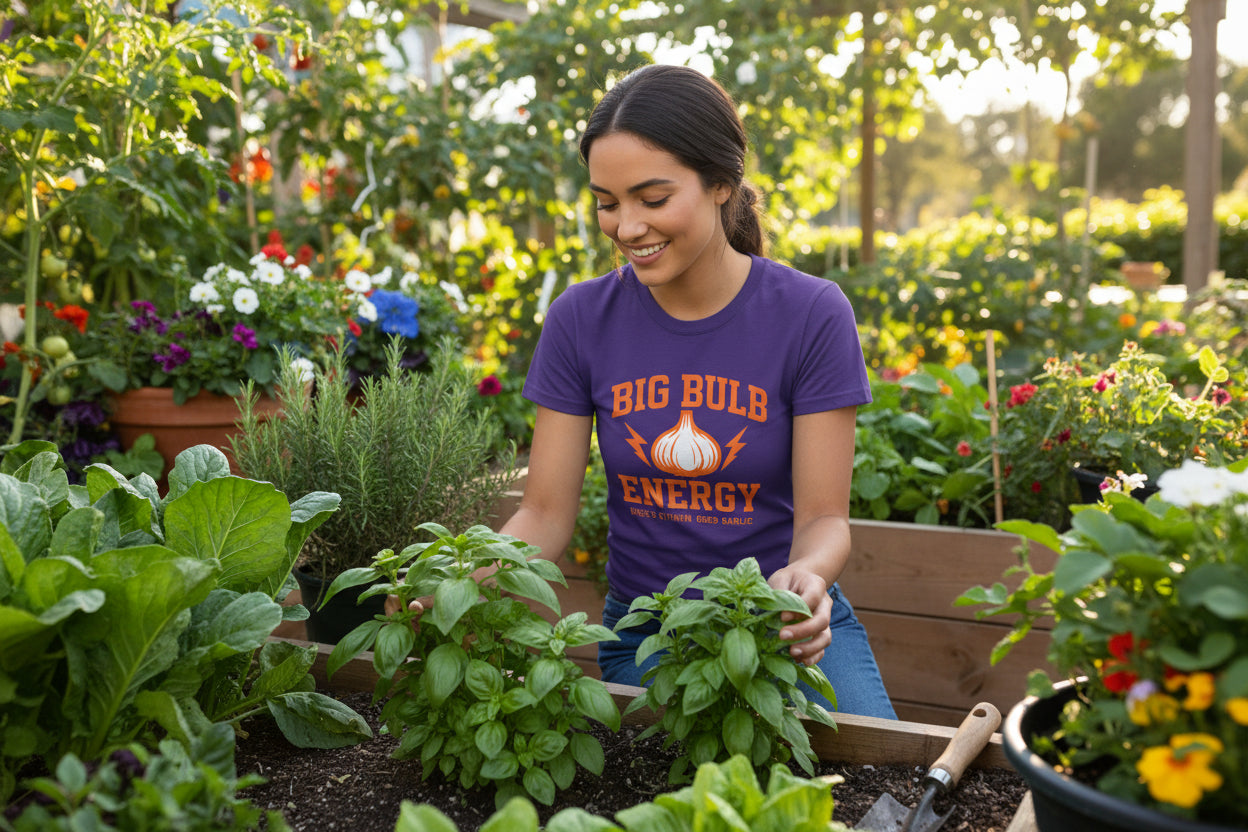 Big Bulb Energy Garlic Tee — Funny Women's Cotton T-Shirt