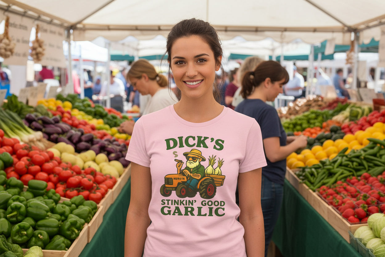 Garlic Farm Tee — "Dick's Stinkin' Good Garlic" Women's Graphic Shirt - Dick's Stinkin' Good Garlic