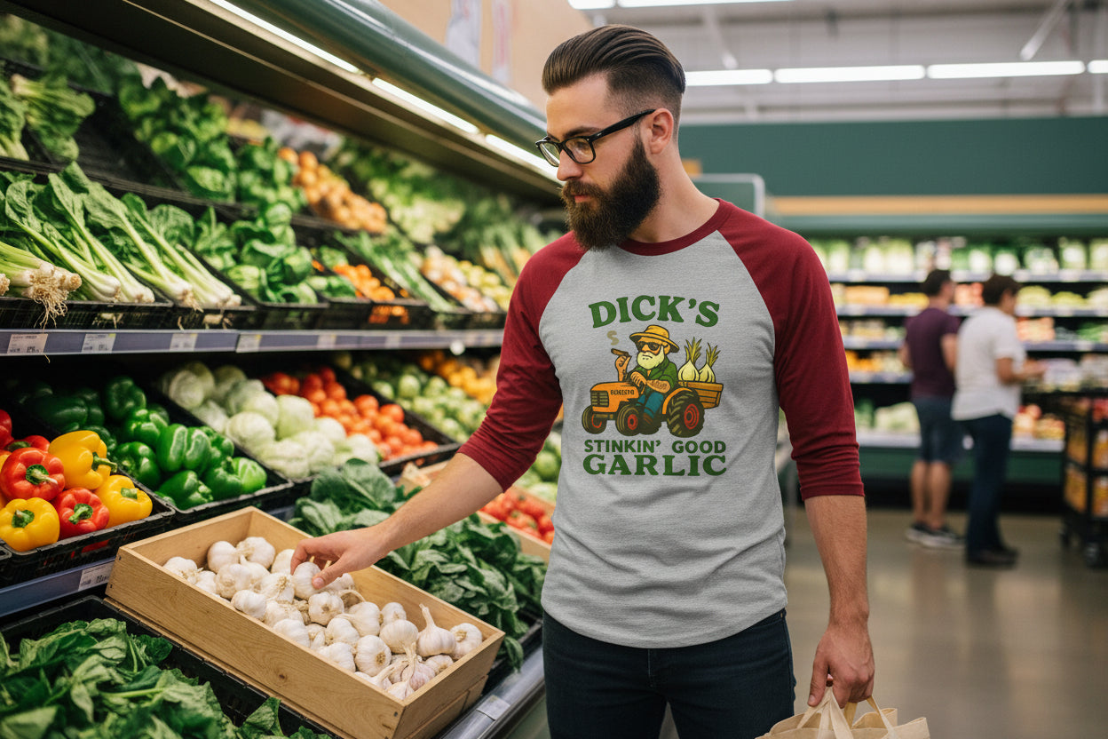 Garlic Farmer Raglan Shirt — "Dick's Stinkin' Good Garlic" Graphic - Dick's Stinkin' Good Garlic