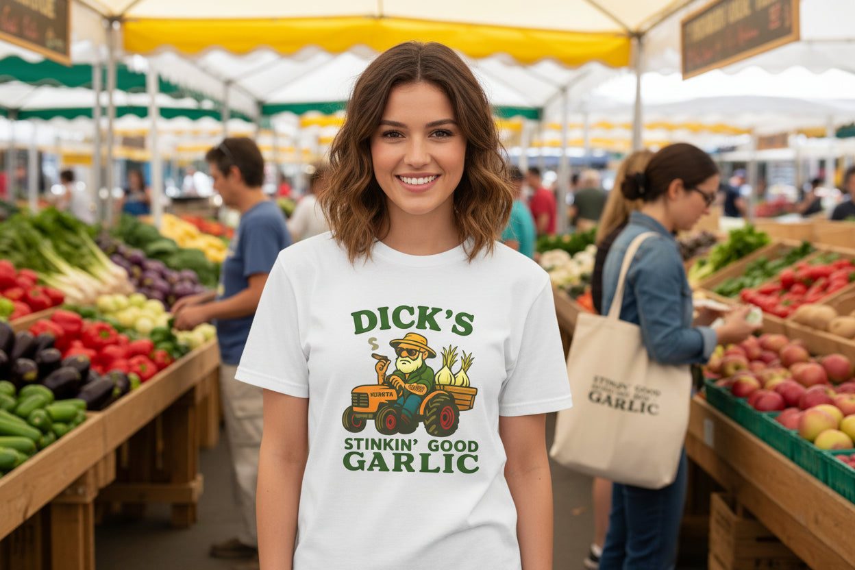 Garlic Farm Tee — "Dick's Stinkin' Good Garlic" Women's Graphic Shirt - Dick's Stinkin' Good Garlic