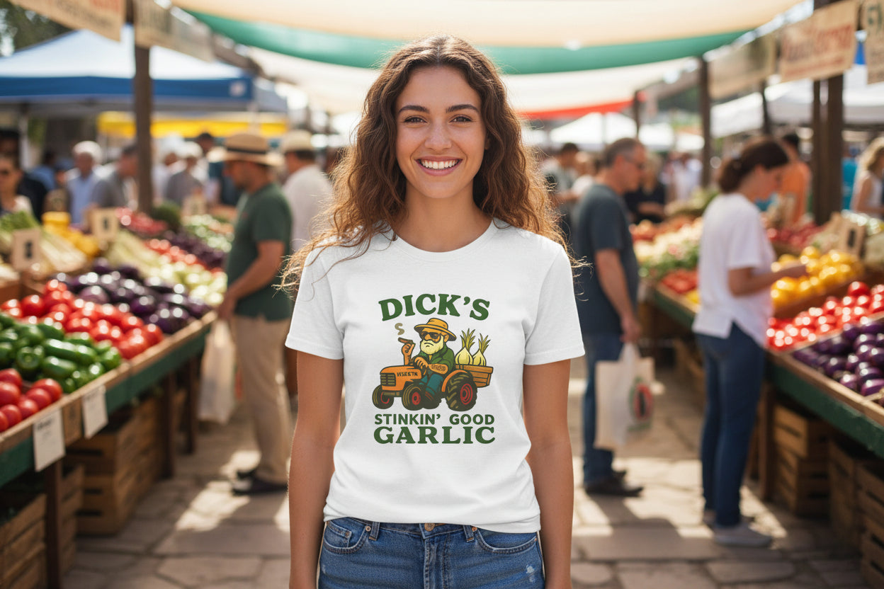Garlic Farm Tee — "Dick's Stinkin' Good Garlic" Women's Graphic Shirt - Dick's Stinkin' Good Garlic