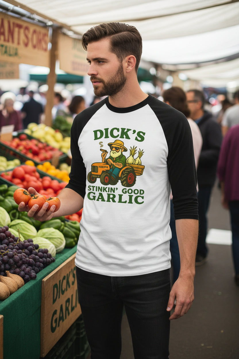 Garlic Farmer Raglan Shirt — "Dick's Stinkin' Good Garlic" Graphic - Dick's Stinkin' Good Garlic