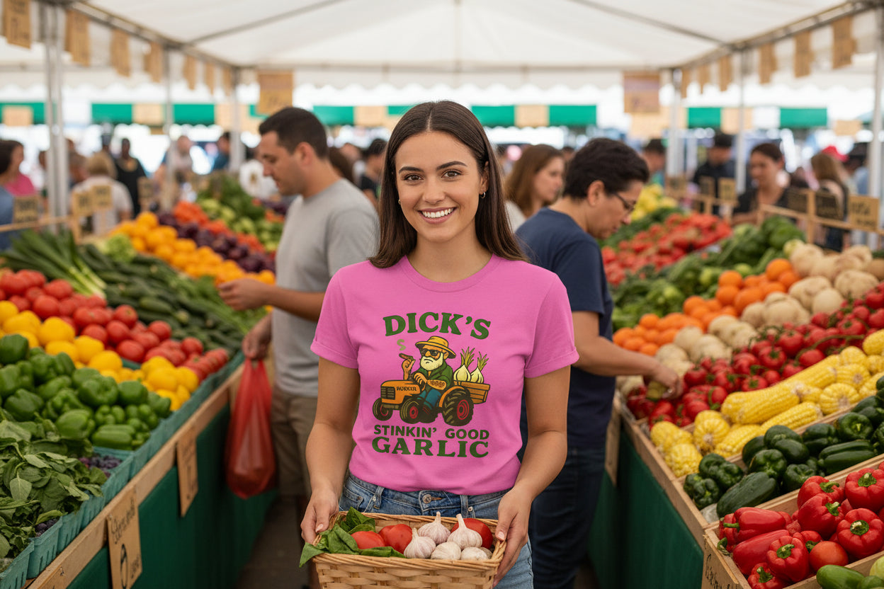 Garlic Farm Tee — "Dick's Stinkin' Good Garlic" Women's Graphic Shirt - Dick's Stinkin' Good Garlic