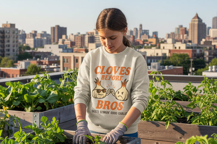 Cloves Before Bros Sweatshirt — Funny Garlic Pun Crewneck - Dick's Stinkin' Good Garlic