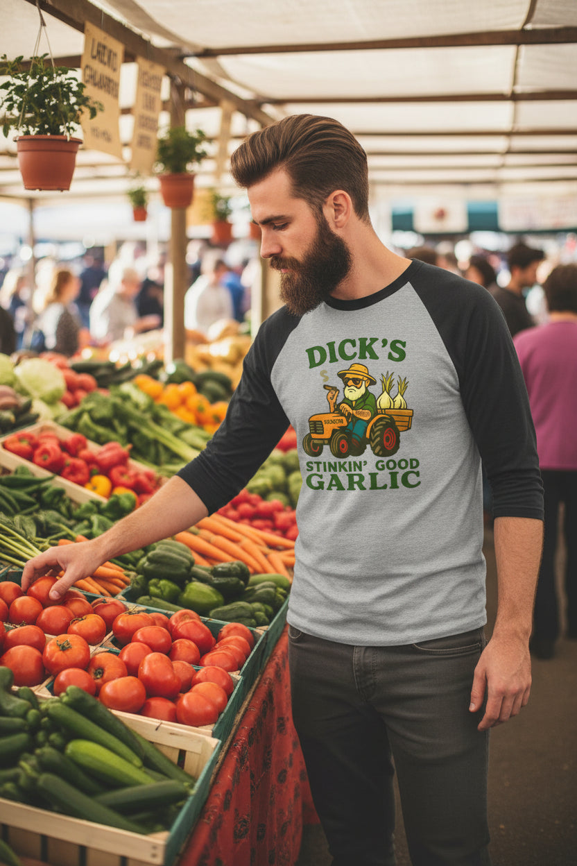 Garlic Farmer Raglan Shirt — "Dick's Stinkin' Good Garlic" Graphic - Dick's Stinkin' Good Garlic