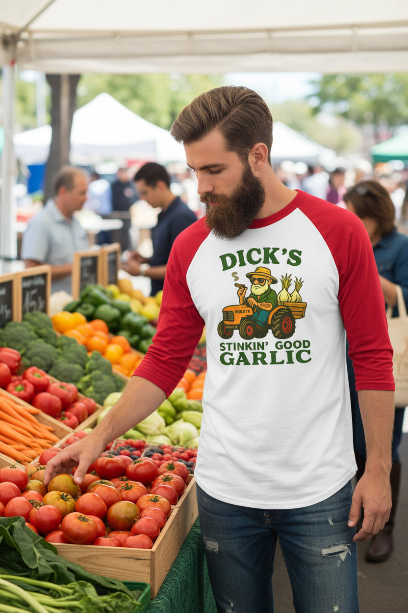 Garlic Farmer Raglan Shirt — "Dick's Stinkin' Good Garlic" Graphic - Dick's Stinkin' Good Garlic