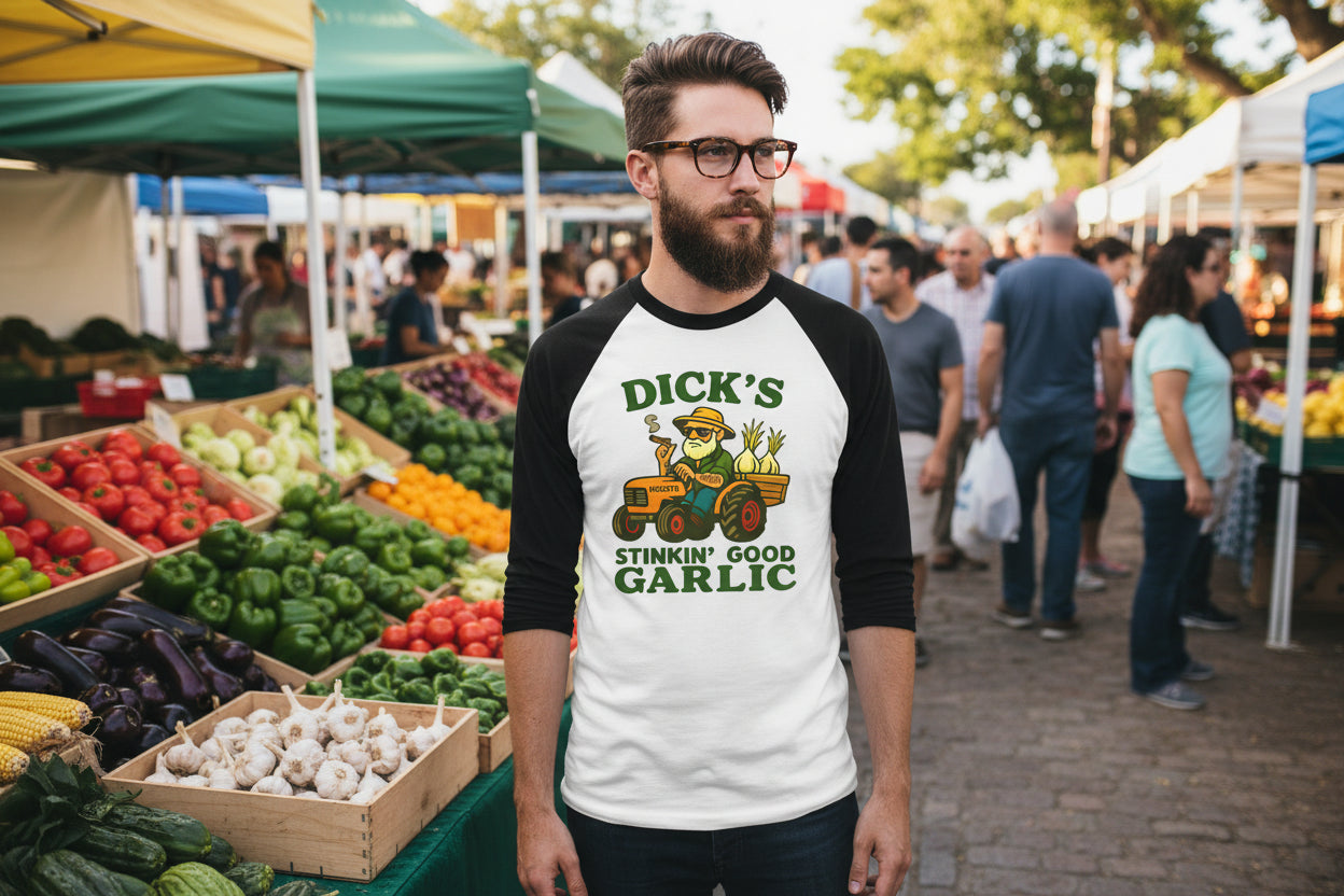 Garlic Farmer Raglan Shirt — "Dick's Stinkin' Good Garlic" Graphic - Dick's Stinkin' Good Garlic