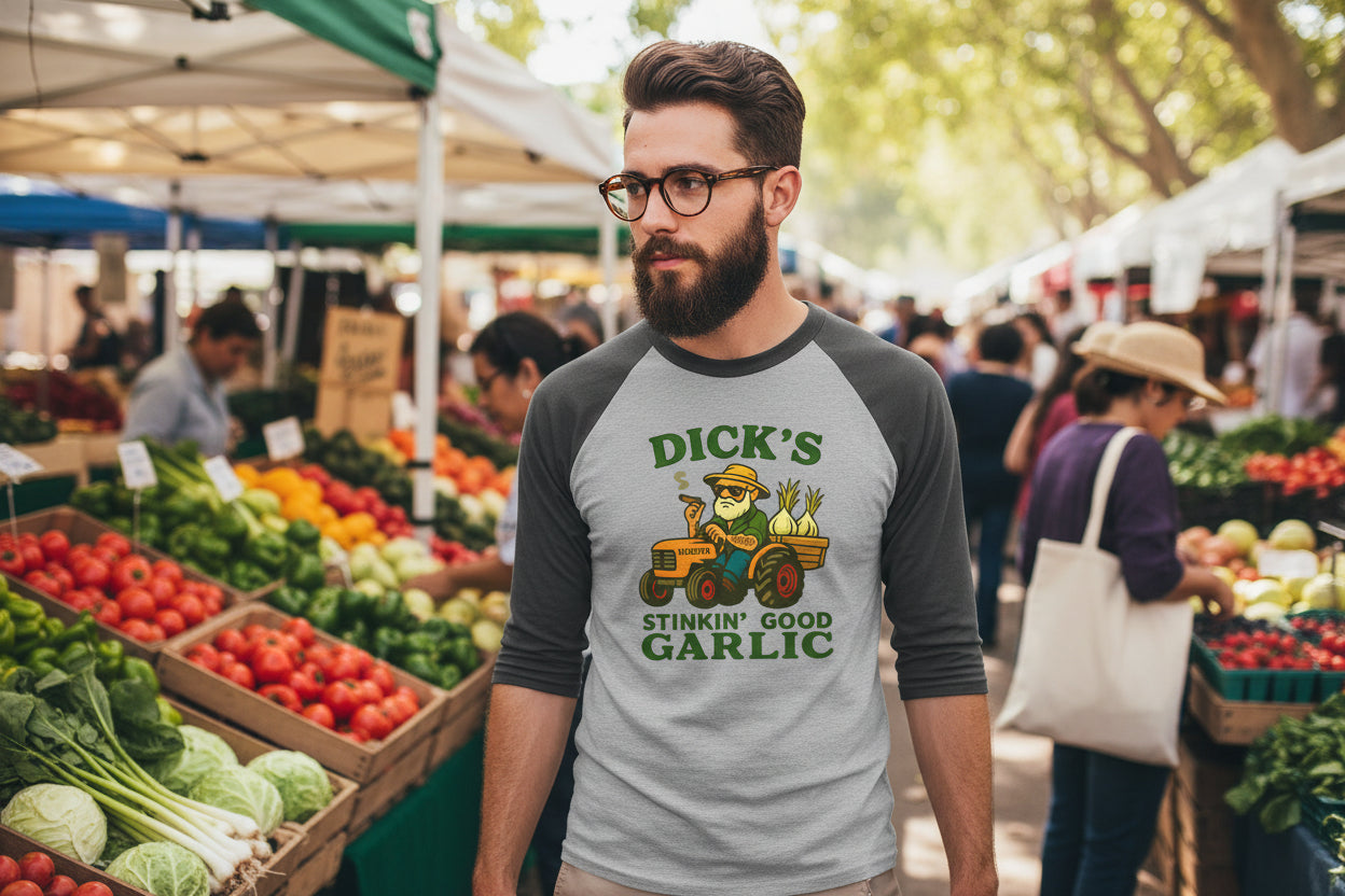 Garlic Farmer Raglan Shirt — "Dick's Stinkin' Good Garlic" Graphic - Dick's Stinkin' Good Garlic