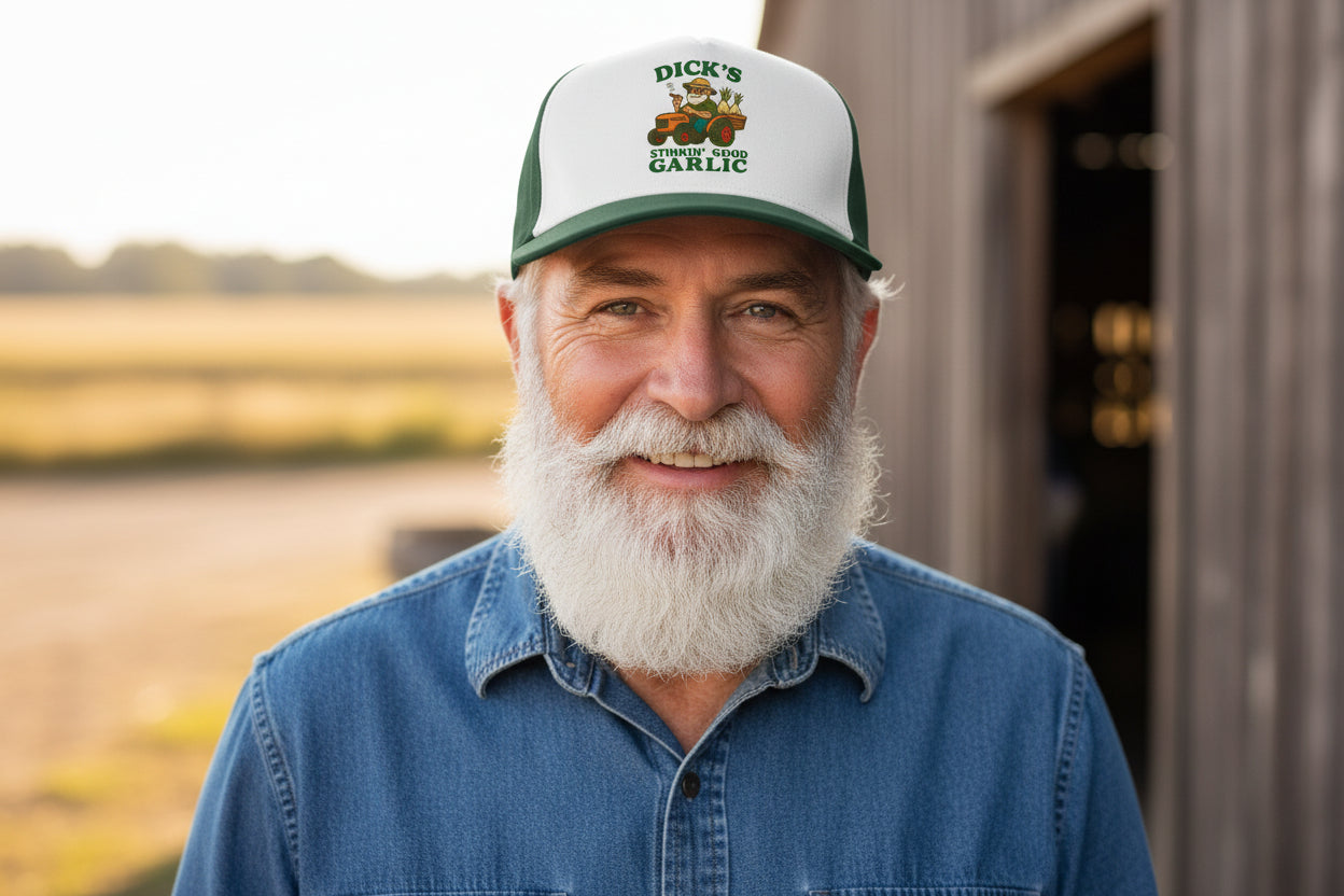 Garlic Lover Mid Profile Baseball Cap — 'Garlic Greatness' Adjustable Farm Hat - Dick's Stinkin' Good Garlic