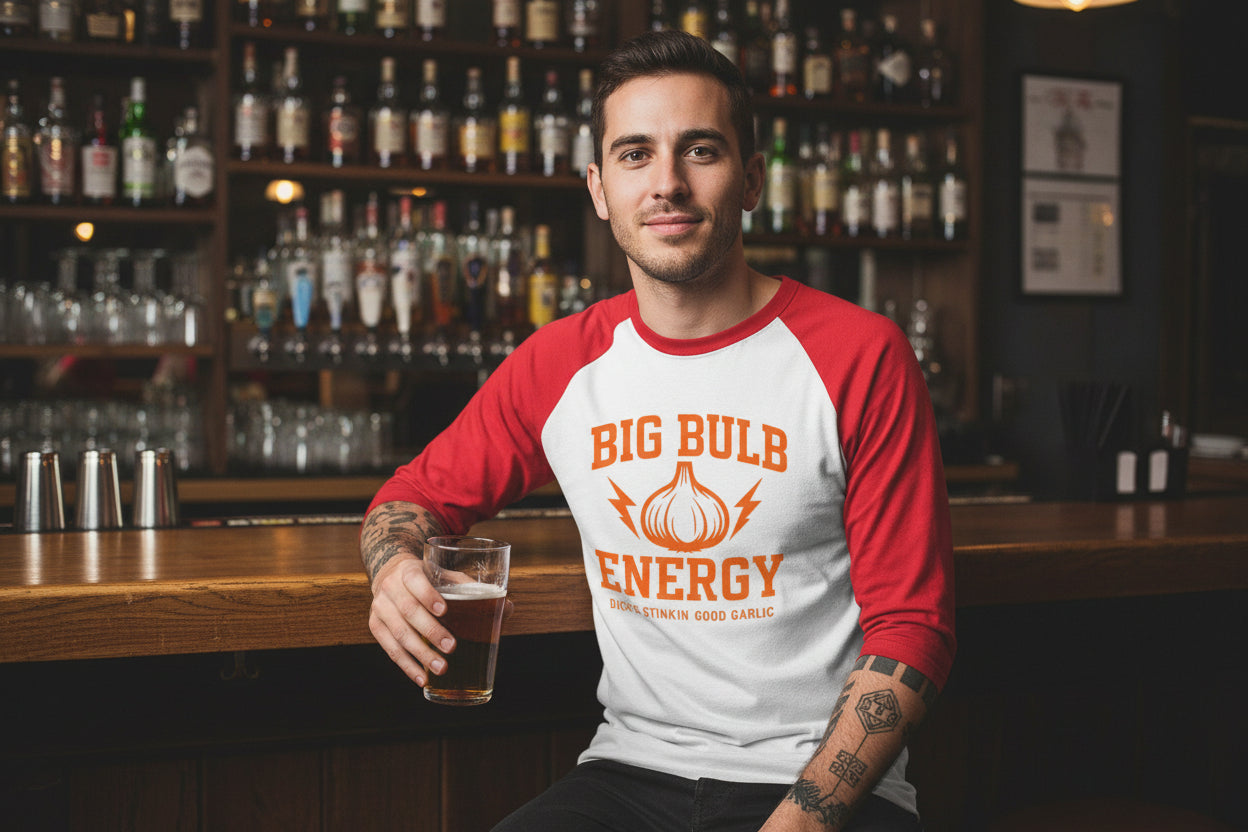 Big Bulb Energy Raglan Shirt — Funny Garlic Graphic Baseball Tee - Dick's Stinkin' Good Garlic