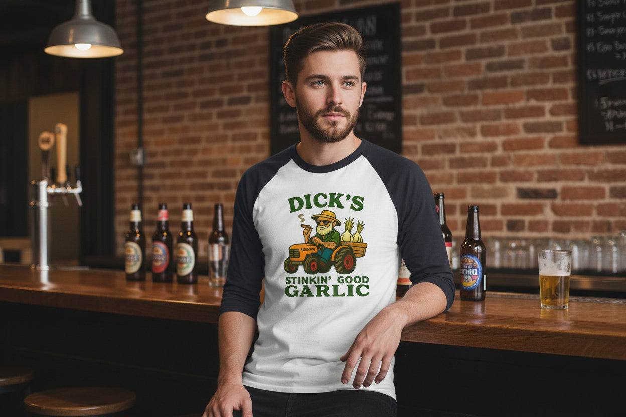 Garlic Farmer Raglan Shirt — "Dick's Stinkin' Good Garlic" Graphic - Dick's Stinkin' Good Garlic